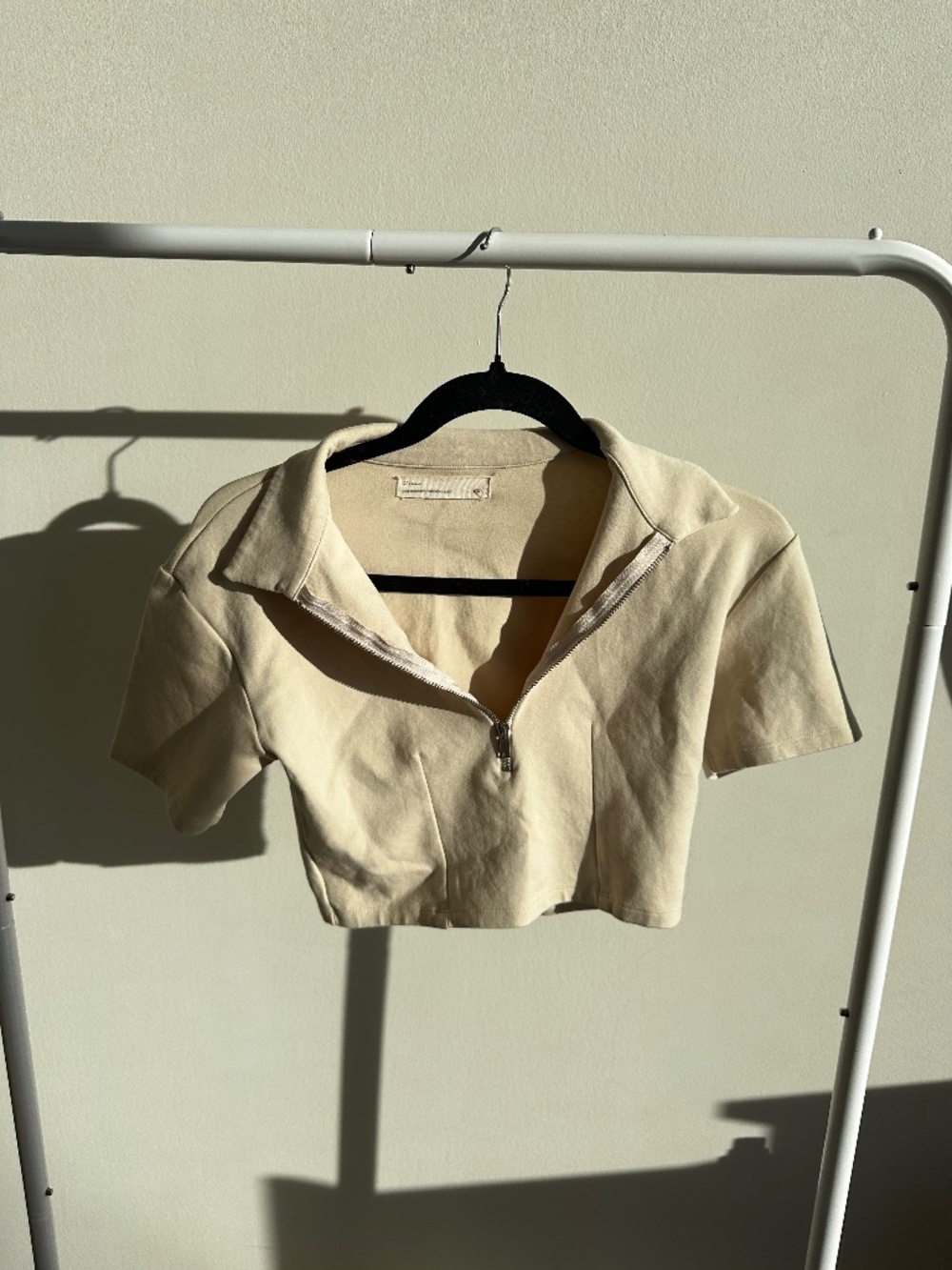 OAK + FORT Beige Cropped Zip Polo Top – Minimalist Chic (S)